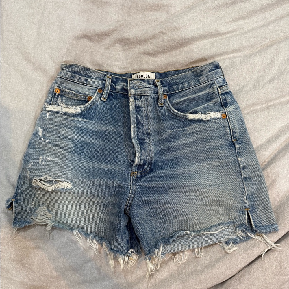 Agolde Blue Distressed Jean Shorts High-Waisted